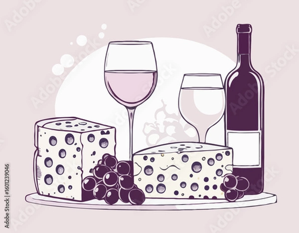 Obraz Composition of wine glass, bottle, cheese and grape. Sketch style illustration for poster or invitation to party
