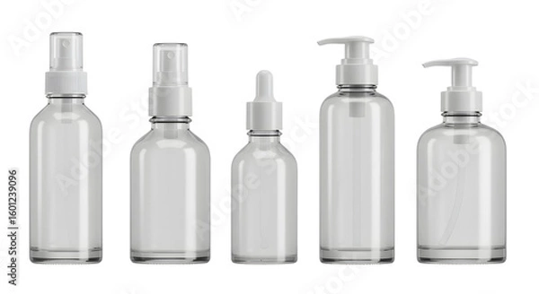 Fototapeta A collection of clear glass bottles with various dispensers arranged in a row, showcasing different sizes and designs