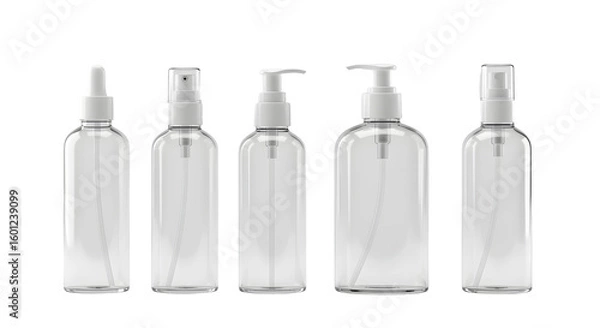 Fototapeta A collection of clear, empty cosmetic bottles arranged in a line, showcasing various shapes and sizes for beauty products