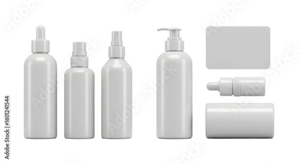 Fototapeta A collection of various blank cosmetic containers arranged neatly, showcasing different shapes and sizes for potential branding