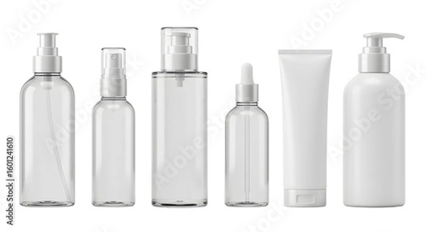 Fototapeta A collection of various clear and white cosmetic containers arranged in a row, perfect for beauty product displays