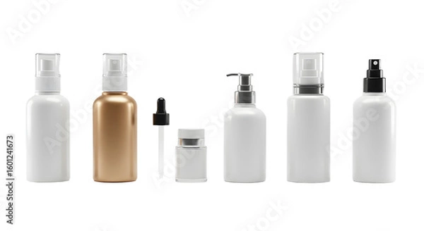 Fototapeta A collection of various cosmetic and skincare bottles arranged neatly on a white background, showcasing different shapes and sizes