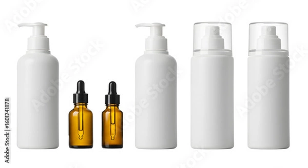 Fototapeta A collection of various cosmetic bottles and droppers arranged neatly on a clean surface, suitable for beauty product displays