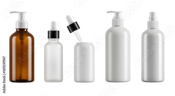 Fototapeta A collection of various cosmetic bottles arranged in a line, showcasing different shapes and sizes against a neutral background