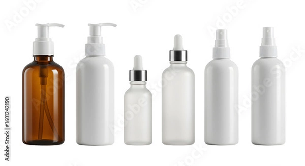 Fototapeta A collection of various cosmetic bottles in different shapes and sizes arranged neatly, showcasing their sleek designs for potential use