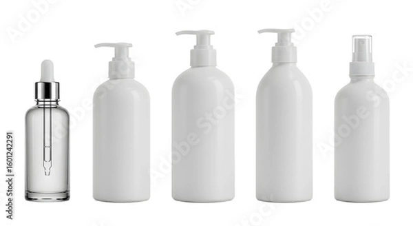 Fototapeta A collection of various empty cosmetic bottles and containers arranged neatly on a clean surface, ideal for product display