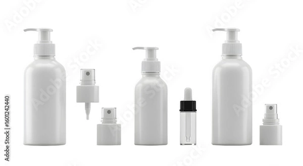 Fototapeta A collection of various empty skincare and cosmetic bottles arranged on a clean surface, showcasing minimalist design and versatility