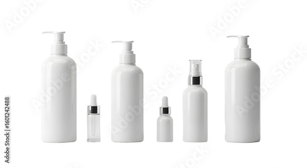 Fototapeta A collection of various sizes of white cosmetic bottles with pumps arranged on a neutral background, ideal for skincare branding