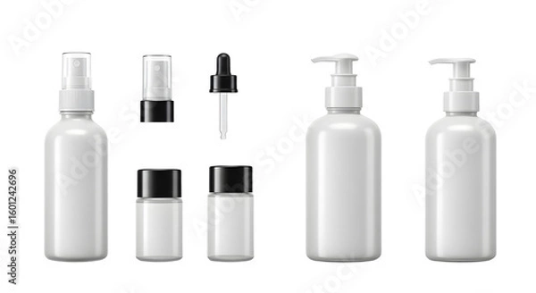 Fototapeta A collection of various white cosmetic bottles and containers arranged neatly on a clean surface, ideal for product display