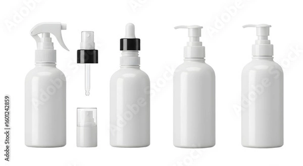 Fototapeta A collection of various white cosmetic bottles arranged on a clean surface, showcasing different shapes and sizes for product display