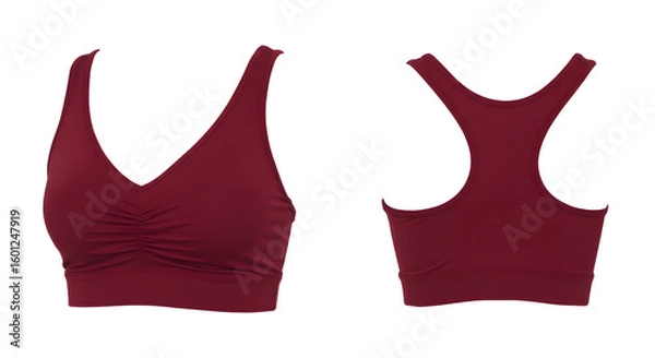 Fototapeta Stylish maroon sports bra displayed from front and back angles, showcasing fabric texture and design, perfect for fitness