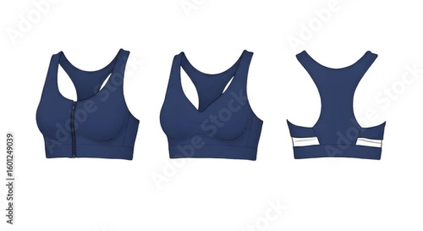 Fototapeta Three views of a navy sports bra showcasing its design, highlighting functionality and style for activewear enthusiasts