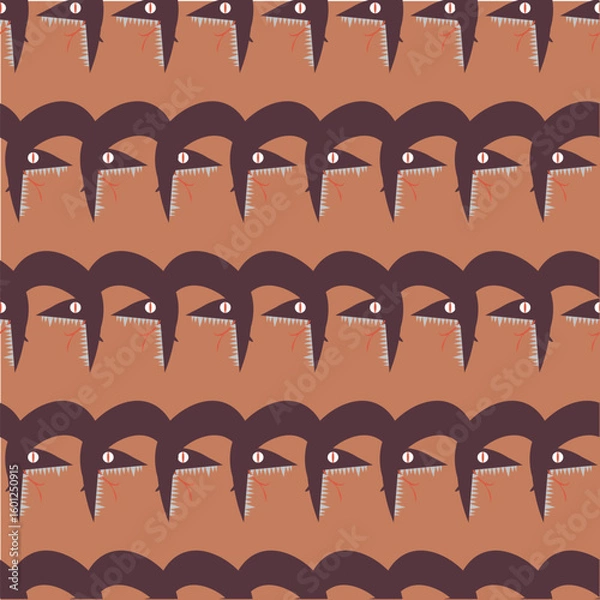 Fototapeta Seamless pattern Purple snake monster with open mouth and sticking out tongue on orange flat design stock vector illustration for web, for print