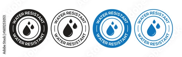Obraz Water Resistant Badge Stamp Vector icon Set in Black and Blue. Water resistant logo design. Water resistant icons for Packaging and Product Labels.