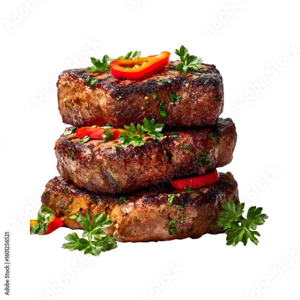 Fototapeta Three stacked grilled beef steaks with herbs and chili isolated on transparent background