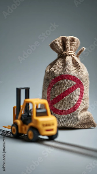Fototapeta Yellow forklift approaching burlap sack with red prohibition symbol image