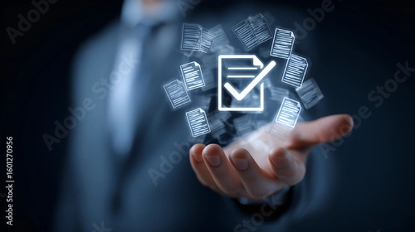 Fototapeta Digital Validation: A person in professional attire presents a holographic validation symbol surrounded by documents, representing the core of digital verification.