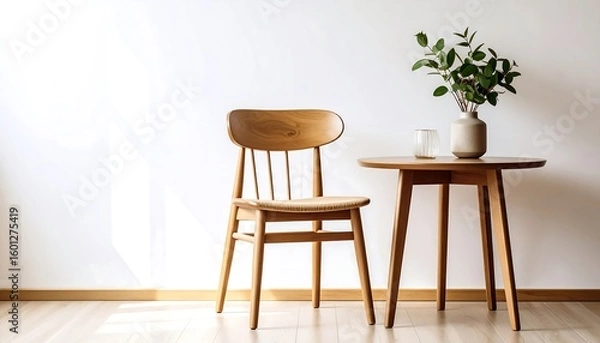 Fototapeta Simple wooden chair and table in a bright room