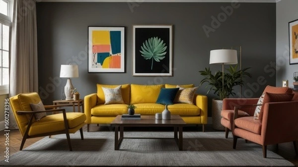 Fototapeta Modern living room with yellow sofa