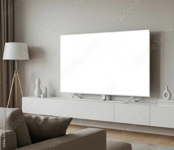 Fototapeta Tv Mockup On A Long Shelf In A Family Room With Beige Couch And Lamp