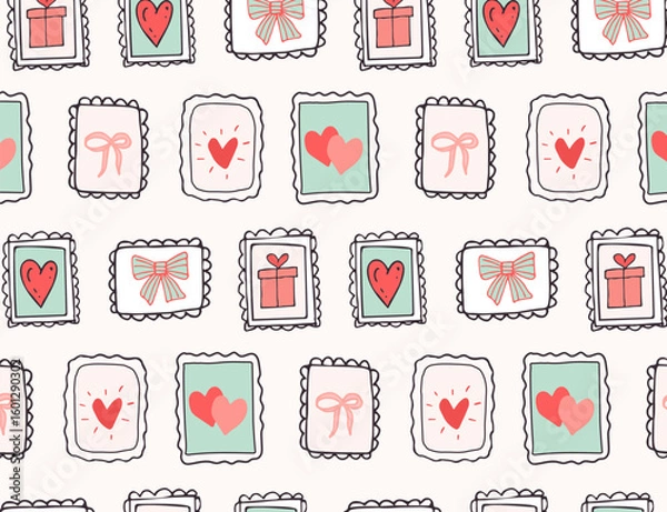 Fototapeta Seamless pattern of love-themed postage stamps in hand-drawn doodle style, vector format. Pastel palette with sketchy texture. Ideal for wrapping paper, fabric, Valentine's cards, stationery, kids pro