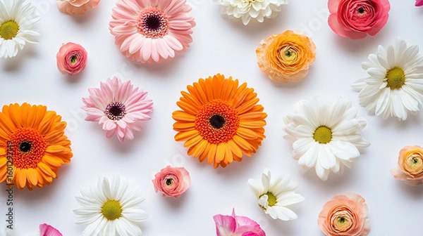 Fototapeta A vibrant overhead flat lay of assorted colorful spring flowers including gerbera daisies and ranunculus arranged on a white background