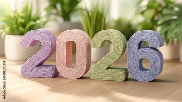 Obraz Decorative 2026 New Year Elements in Pastel Colors with Green Plants, Illustrating Festive Future on transparent background