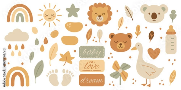 Fototapeta Cute boho baby animals and nursery elements with lion rainbow and pacifier in pastel tones