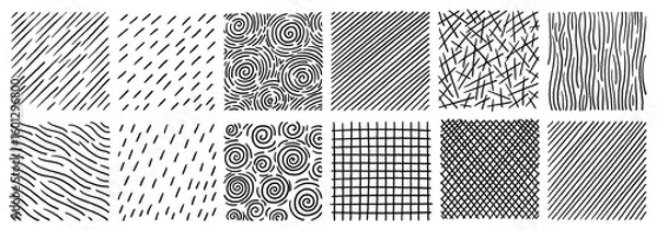 Fototapeta Hand drawn black and white crosshatch textures set with lines dots and grids isolated on white