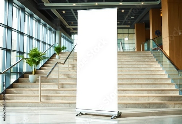 Fototapeta Roll-up banner template standing in Office lobby stairs. Blank advertisement mockup in business space, Commercial Vertical display, for add cover