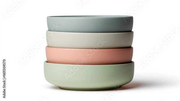 Obraz Stacked Pastel Bowls: A stack of four minimalist bowls in soft pastel hues adds a touch of modern simplicity to everyday dining. Capturing clean lines and inviting colours.