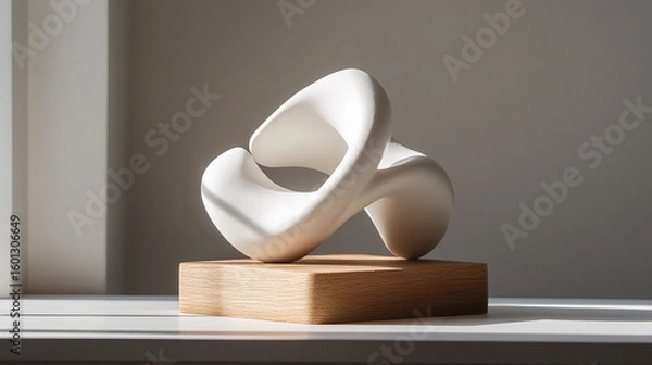 Obraz Modern abstract white sculpture with smooth flowing curves displayed on a textured wooden block pedestal