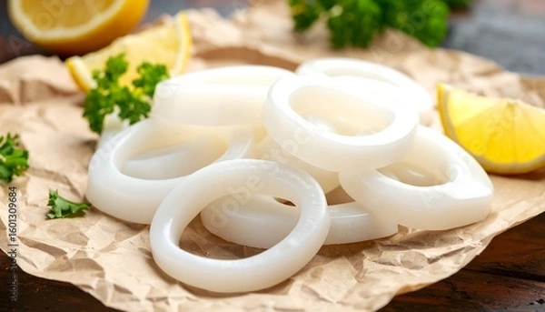 Obraz Fresh squid rings on parchment paper with lemon and parsley