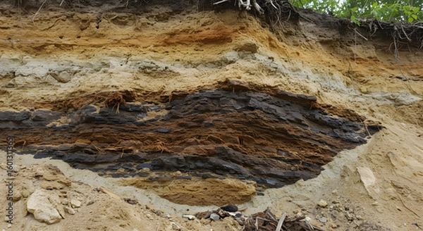 Fototapeta Erosion and geological stratigraphy, a section of earth layers showing soil, rock and sediment formations, Detailed strata of rock soil