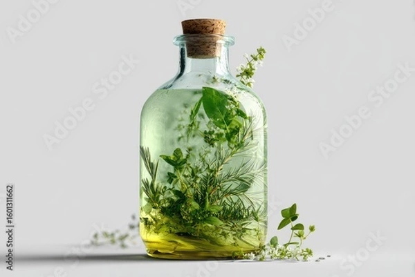 Fototapeta Clear glass bottle filled with herbs and liquid