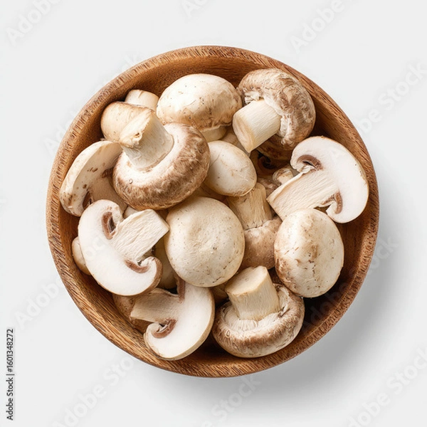 Fototapeta A wooden bowl filled with fresh white and brown mushrooms on a white background overhead view close up