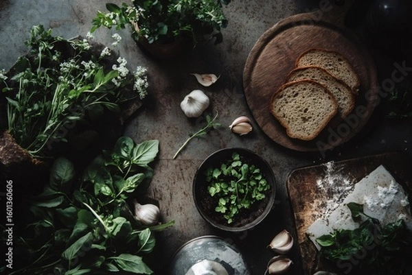 Fototapeta Overhead shot of fresh ingredients arranged on a dark, textured surface, creating a rustic and inviting scene for Ukrainian borscht preparation