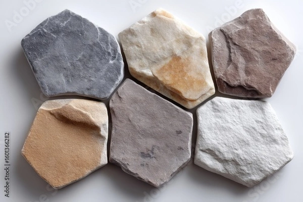 Fototapeta Hexagonal stone tiles in varied earth tones on white surface