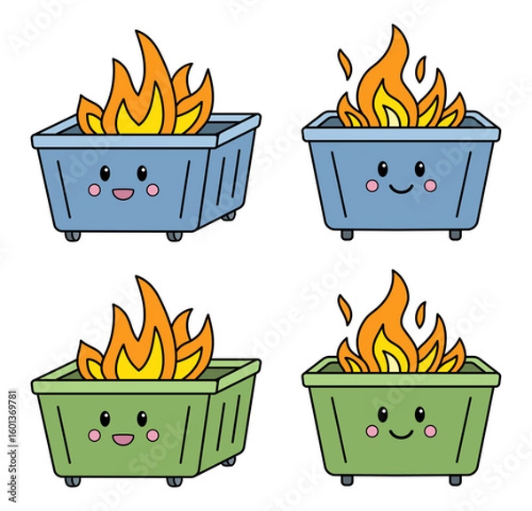 Fototapeta Dumpster Fire Funny Clipart Illustrations with Smiling Kawaii Face, Front and Angled Views