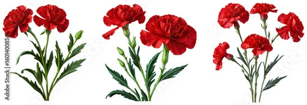 Fototapeta Red Carnations with Green Leaves Illustration Set on a transparent background