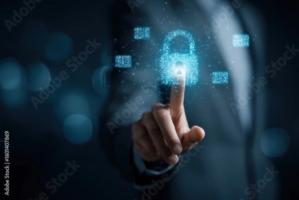 Obraz Cyber Security Protection: Digital Lock Activated by a Businessman's Touch on Transparent Background