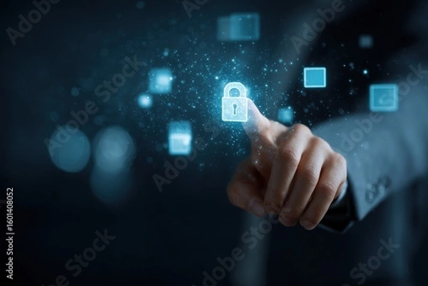 Fototapeta Futuristic cybersecurity depiction featuring human hand touching digital padlock with glowing particles on transparent background