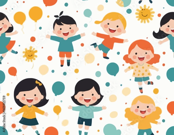 Fototapeta Cute Kids Vector Illustration – Happy Children Playing and Smiling

