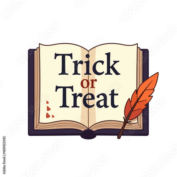 Fototapeta Decorative open book with "Trick or Treat" text and a quill pen for Halloween-themed design
