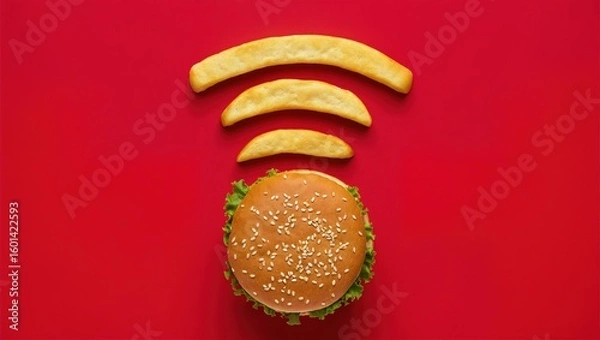 Fototapeta Close-up of a burger composing wifi symbol with fries