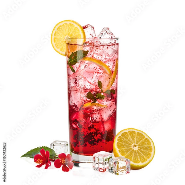 Fototapeta Refreshing hibiscus drink with lemon slices and ice cubes sparkling and vibrant on a clean white background