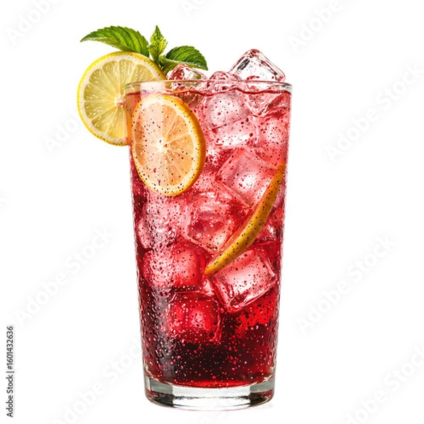 Fototapeta Refreshing hibiscus drink with lemon slices and ice cubes sparkling and vibrant on a clean white background