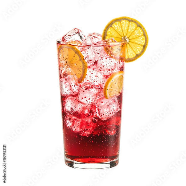 Fototapeta Refreshing hibiscus drink with lemon slices and ice cubes sparkling and vibrant on a clean white background
