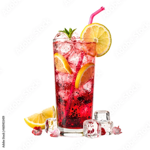 Fototapeta Refreshing hibiscus drink with lemon slices and ice cubes sparkling and vibrant on a clean white background