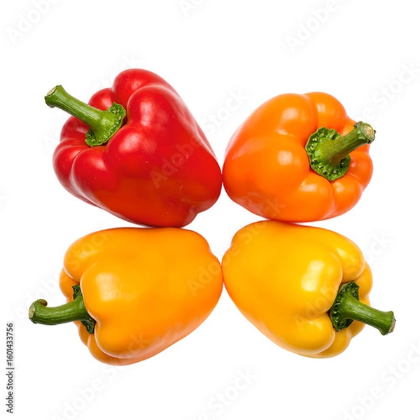 Fototapeta Vibrant mini sweet peppers in red orange yellow colors neatly arranged and centered on a white background